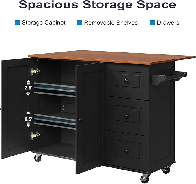 Mobile Kitchen Island with Drop Leaf, Rolling Kitchen Cart with 3 Drawers, Kitchen Storage Cabinet on Wheels, Island Table with Towel and Spice Rack for Dining Room, Living Room, Black