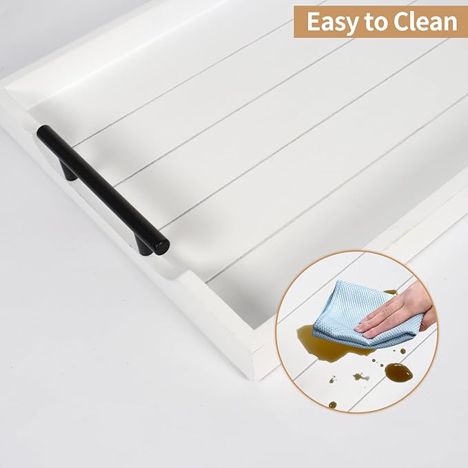 Coffee Table Tray - Large Ottoman Tray for Living Room - Wood Serving Tray with 2 Sets of Handles - Wooden Tray for Coffee Table, 4 Round Coasters Included, White