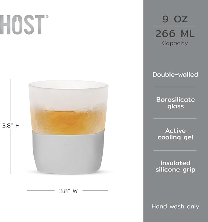 Host Glass Freeze Whiskey Cooling Glasses, Double Wall Glass Cups, Drink Tumblers for Whiskey Tumblers, Insulated Cup Drinkware, 9oz Glass Set of 2