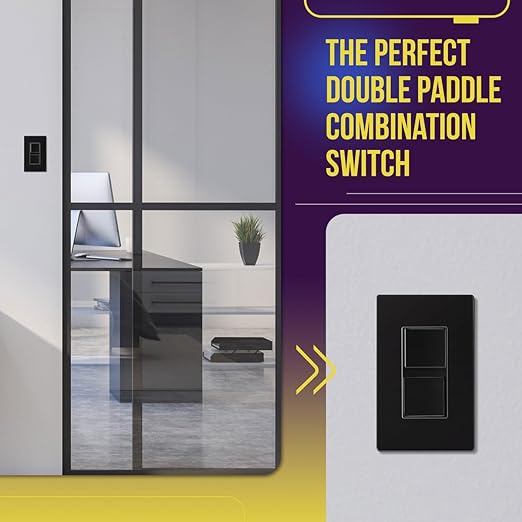 ENERLITES Double Paddle Rocker Decorator Switch, Gloss Finish, Ground Terminal, Clamp-Type Wiring, Copper Wires Only, Single Pole, Residential/Commercial Grade, 15A 120-277VAC, 62834-BK, Black