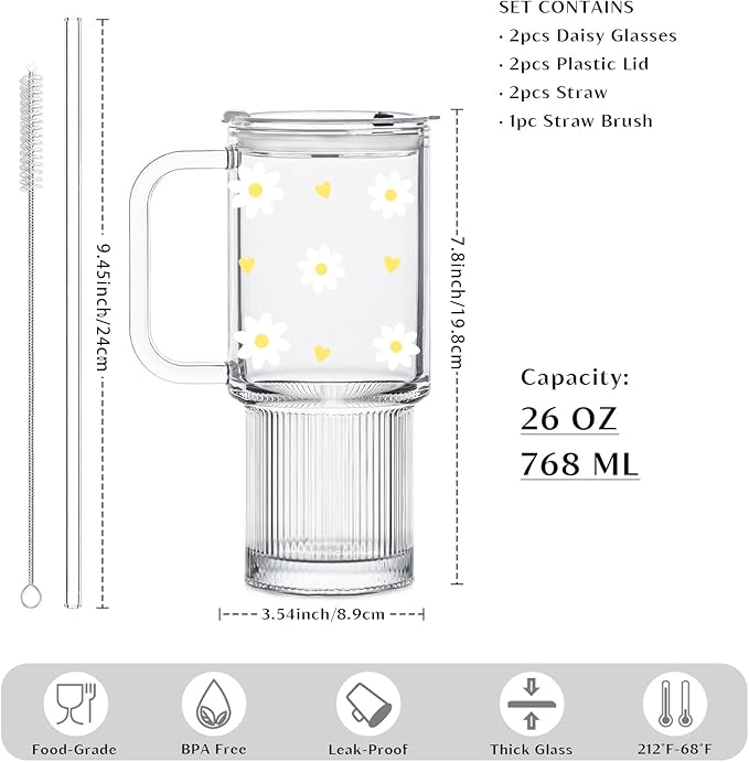 INSETLAN Daisy Glass Cups for Women, 26oz Clear Glass Tumbler with Lid and Straw, Customizable Aesthetic Flower Mug for Birthday, Mother’s Day, Christmas, Girl Gifts