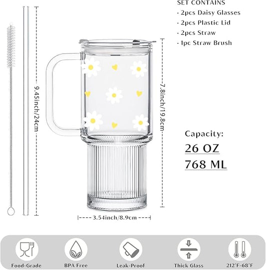 INSETLAN Daisy Glass Cups for Women, 26oz Clear Glass Tumbler with Lid and Straw, Customizable Aesthetic Flower Mug for Birthday, Mother’s Day, Christmas, Girl Gifts