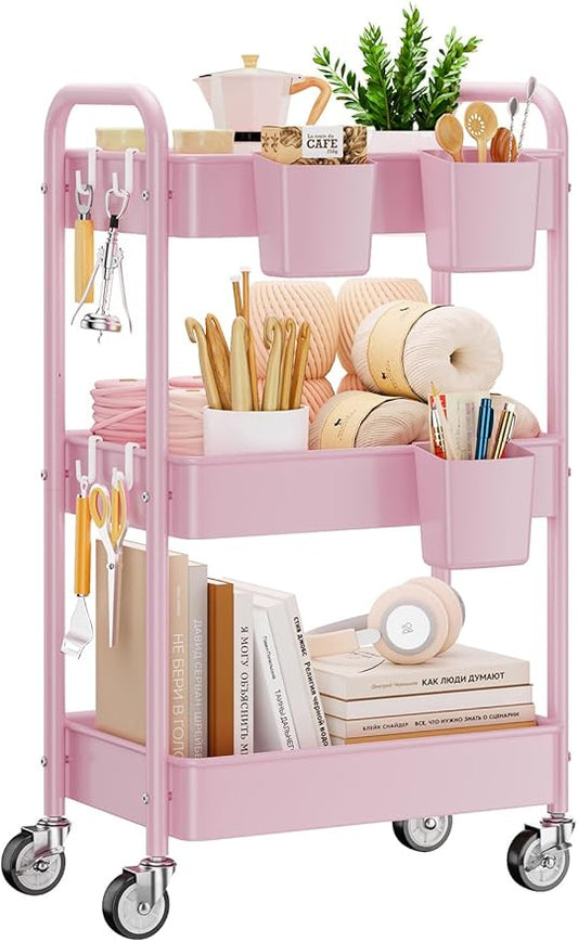 YASONIC 3-Tier Metal Rolling Cart, Heavy Duty Utility Cart with Lockable Wheels, Hanging Cups, Hooks, Mesh Rolling Storage Cart Craft Organizer, Lightweight and Sturdy, Pink