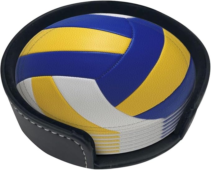 Volleyball Coasters for Drinks with Holder Round Leather Coasters Set of 6 Cups Mugs Mat Pad for Home Kitchen Bar