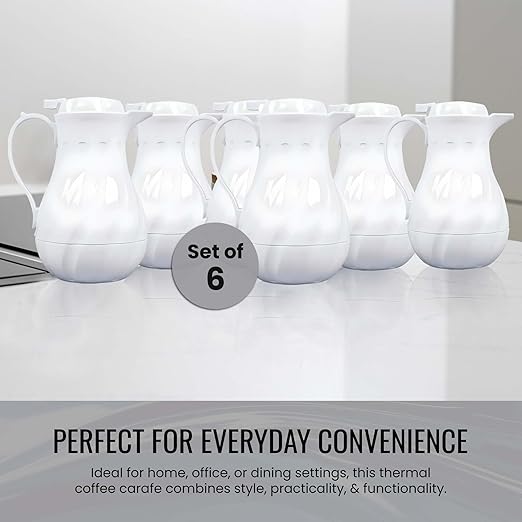 OCS Parts Set of 6 Easy Pour Thermal Coffee Carafes | 8-Inch Insulated Hot and Cold Beverage Pitcher Server for Coffee, Tea, Hot Chocolate and Water with | 20-Ounce | White