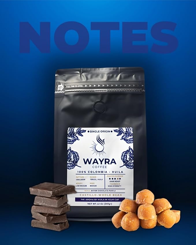 Wayra Whole Bean Colombian Coffee - Dark Roast - Castillo 100% Arabica Fresh Colombian Coffee - Huila Single Origin - Direct Trade - Low Medium Acid - Flavor Notes of Dark Chocolate, Panela and Walnuts Net Wt. 12 Oz (340 gr) Resealable Bag - Pour Over,...