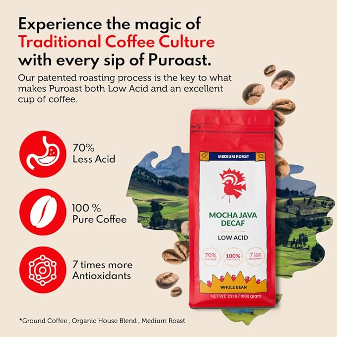 Puroast Low Acid Coffee Decaf Flavored | Decaf Mocha Java Whole Bean | Medium Roast | High Antioxidants & High pH |No Bitter Aftertaste | Reduced Heartburn & GERD | Suitable for Cold Brew - 2.2 LB