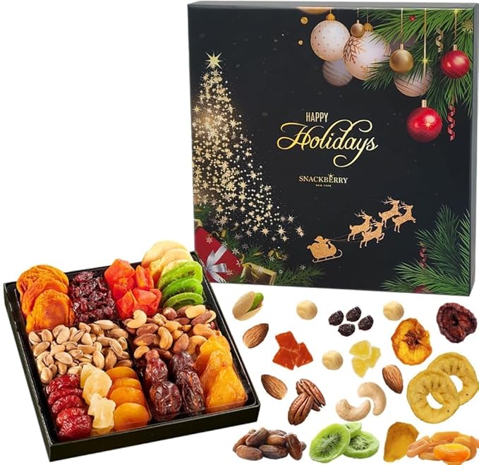 12-Pack Christmas Dried Fruit & Nuts Gift Basket Arrangement Platter, Gourmet Food Snack Box, Healthy Kosher (Style 2)