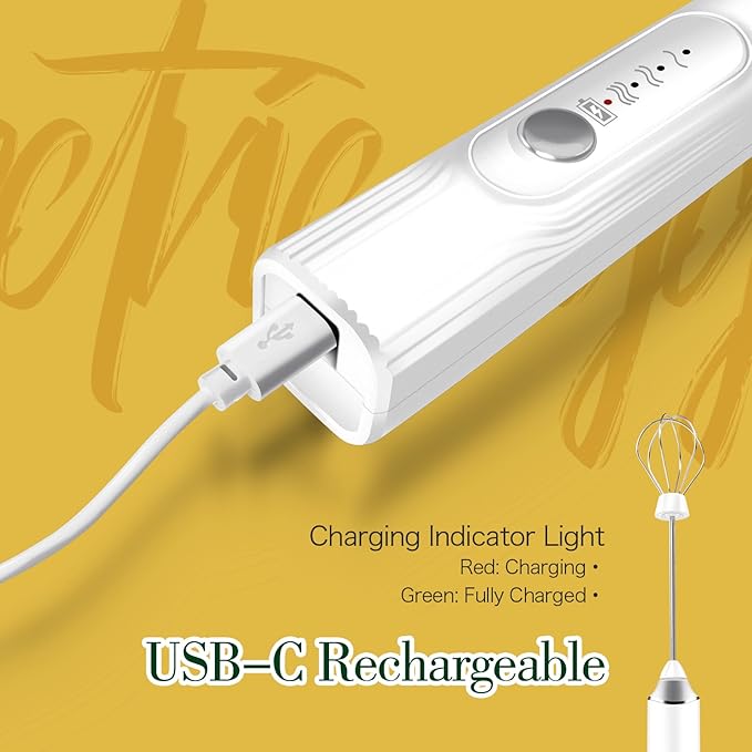 Milk Frother Hand Mixer, Rechargeable Electric Whisk, Cordless Handheld Foam Stirrer with 2 Heads 3 Speeds, For Latte, Cappuccino, Hot Chocolate, Egg, Protein Powder (White)