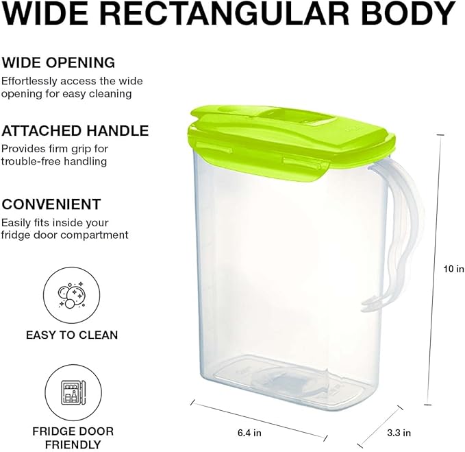 LocknLock HAP607G Aqua Fridge Door Water Jug with Handle, BPA-Free Plastic Pitcher with Flip-Top Lid and Easy-Pour Spout for Water, Juice, Tea, and Other Drinks, 3-Quart, Green