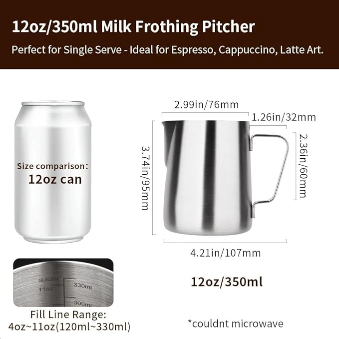 watchget Stainless Steel Milk Frothing Pitcher 12oz/350ml - Espresso Steaming Pitcher for Cappuccino, Latte Art, Coffee Machine Accessories Milk Jug Milk Frother Cup, Matt Silver