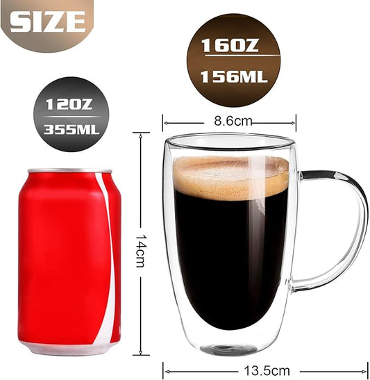 Clear Glass Double Wall Insulated Round Coffee Mugs Set of 2 Pieces - Large Size 16oz Best Reusable Coffee Mug for Home Cafe Restaurant Perfect for Espresso Capucinno Lungo Latte Coffee