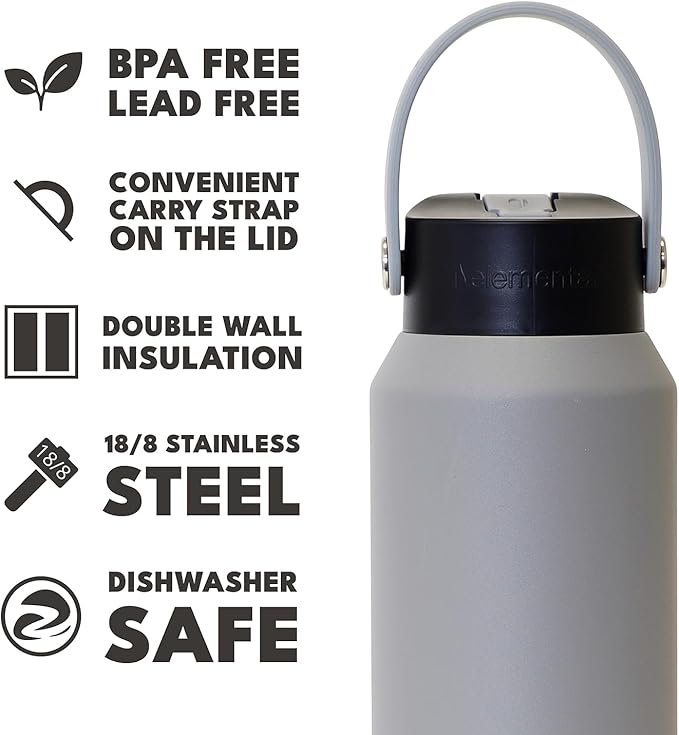 Elemental 40oz Insulated Water Bottle with Straw - 100% Leak-Proof Stainless Steel Core Water Bottles for Travel, Sports and Gym - Double Wall Insulation & BPA Free - Graphite