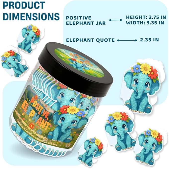 Positive Elephant Jar with 60 Daily Affirmation Cards, Emotional Support Elephant Decor, Uplifting Present for Teenage Girls and Men, Inspirational Office Desk Accessory and Appreciation Gift