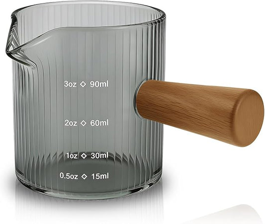 Espresso Measuring Cup 3 Oz, Espresso Glass Cups with Wood Handle, Milk Frothing Cup, Espresso Cup for Coffee, Milk, Tea or Maple Syrup Serving (Gray, 3 oz)