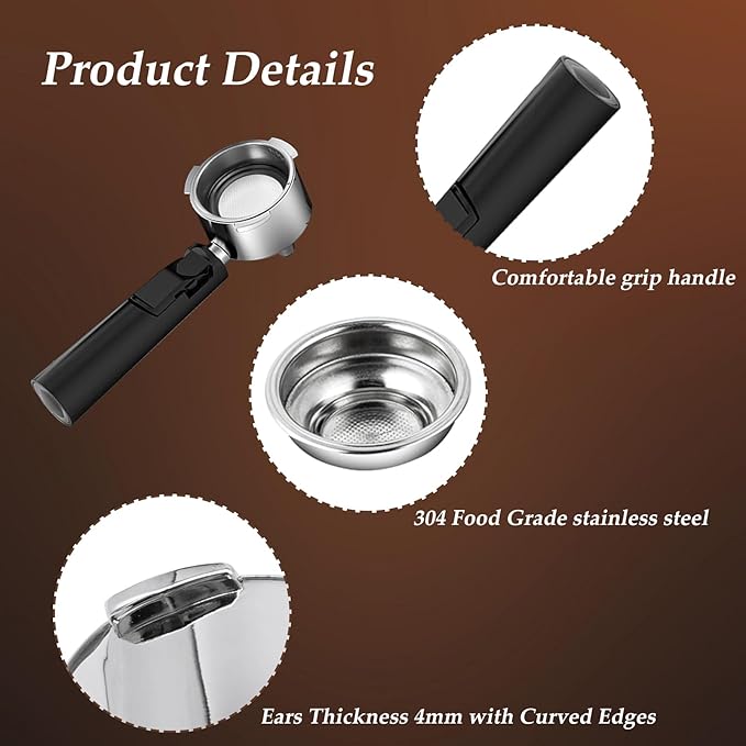 51mm Coffee Espresso Portafilter/Espresso Machine Holder, 3 ears, Double Spouts, with Single + Double Filter Baskets, Stainless Steel, Black Handle Filter Cup Holder