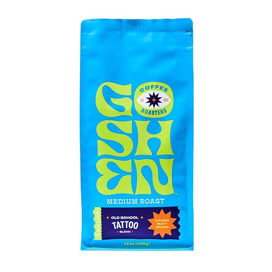 Goshen Coffee Roasters Ground Old School Tattoo House Blend | Medium Roast, Brewed or Espresso | Award-Winning, Natural and Washed | Caramel, Nutty, Orange Flavors | 12 Oz Bag