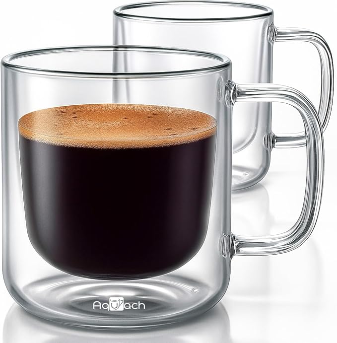 Aquach 2-Pack Double Walled Insulated 8oz Glass Coffee Mugs with Handle - Ideal for Espresso, Latte, Americano, and Cappuccino