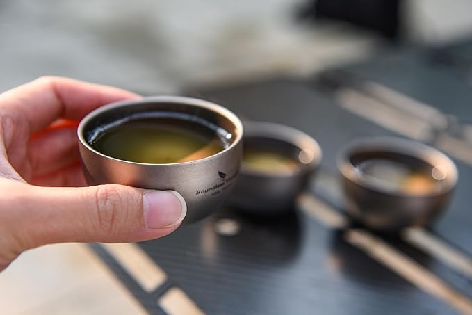 iBasingo Titanium Double Wall Mini Cups Small 40ml Tea Cups for Drinking, Whiskey, Espresso, Coating-Free, Dishwasher Safe Ti3204D (Titanium Color * 1)