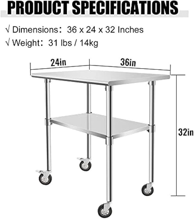 Stainless Steel Table - Metal Table Cart - Commercial Workbench with Caster Wheel - NSF Certified - for Restaurant, Warehouse, Home, Kitchen, Garage,36''x24''