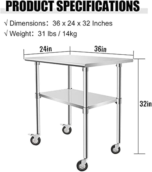 Stainless Steel Table - Metal Table Cart - Commercial Workbench with Caster Wheel - NSF Certified - for Restaurant, Warehouse, Home, Kitchen, Garage,36''x24''
