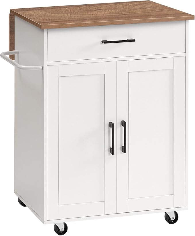 Kitchen Island on Wheels with Drop Leaf, Folding Countertop Kitchen Island Cart, Kitchen Island Table with Towel Rack, Drawer, for Kitchen, Dining Room, White and Walnut KIBZ12501