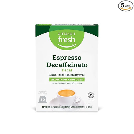 Amazon Fresh Espresso Decaffeinato Dark Roast Aluminum Capsules, Compatible with Nespresso Original Brewers, Intensity 9/13, 50 Count (5 Packs of 10)