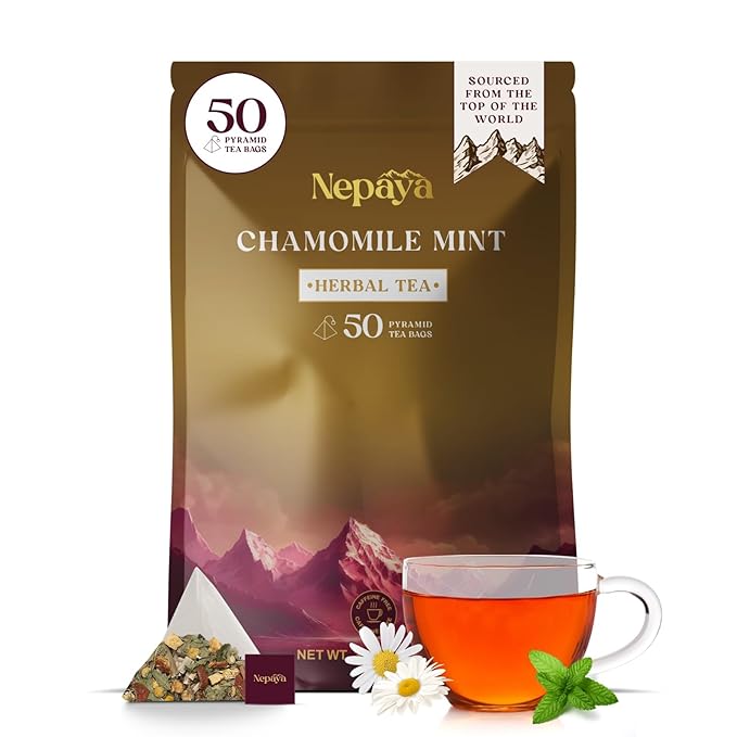 Chamomile Mint Herbal Tea Bags, Relaxing Bedtime Blend with Lemongrass, Peppermint Individually Wrapped Pyramid Tea Bags, Fennel & Peppermint, Caffeine Free Teabags, Hot or Ice Tea, 50 Biodegradable Tea Bag