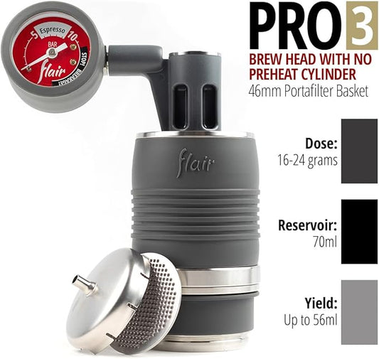 Flair UPDATED PRO 3 (Black) - All manual lever espresso maker with a stainless steel brew head, pressure gauge, and a shot mirror
