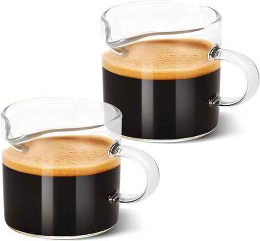 Adorever Espresso Cups Set of 2, 4oz Double Spout Shot Glasses with Handle - Clear Glass Milk Cup for Espresso, Latte Art & Cappuccino - Barista Tools & Home Coffee Machine