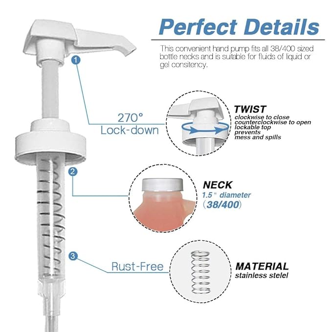 6 Pack Gallon Jug Pump Dispenser 38-400 Syrup Pump for Gallon Jug Dispensing - 7cc Lotion Gallon Shampoo Pump Top Replacement, Fits 1 Gallon Bottle 64oz 128oz Hand Sanitizer Containers, Plus Funnel