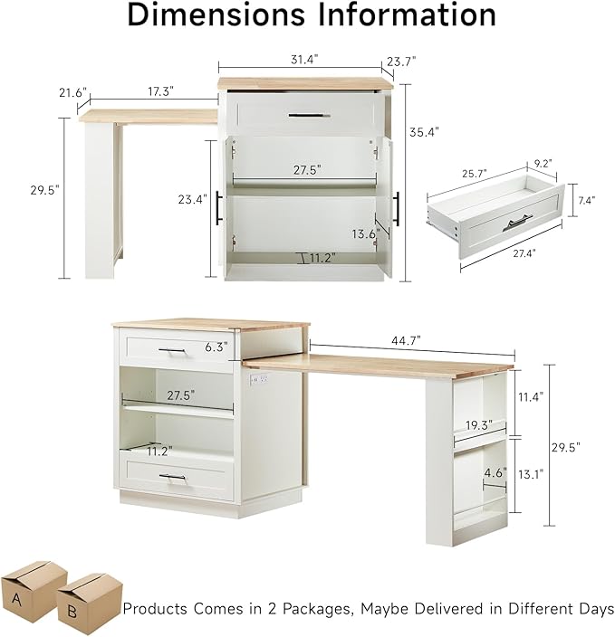 ONBRILL 76" Kitchen Islands with Extendable Dining Table, 2-4 Island Table with Double-Side Storage, Mobile Storage Islands Cart with Power Outlet & Spice Rack, White