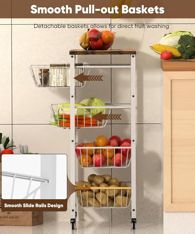 Fruit Vegetable Storage Cart for Kitchen, 5-Tier Vegetable Stand Rack with Pull-Out Fruit Baskets, Rolling Snack Cart with Wood Top & Banana Holder for Pantry, Living Room, Bathroom, White