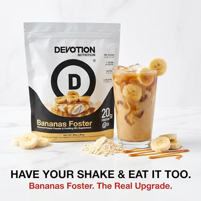 Devotion Nutrition Protein Powder Bananas Foster – 20g Whey Isolate & Casein Protein Blend – No Added Sugar, Low Carb, Gluten-Free, Keto-Friendly, 1g MCT, Kosher – 2lb Pouch