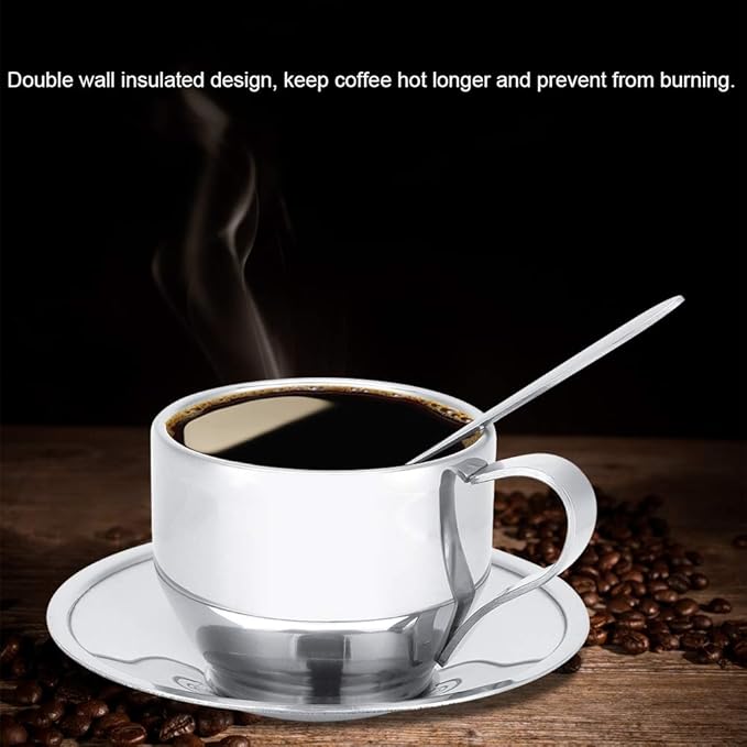 Stainless Steel Mug and Saucer Set, 4 oz Insulated Coffee Cup Double Wall Espresso Cups with Saucer and Spoon Coffee Mug for Latte, Cappuccino, Milk, Tea, Hot and Cold Beverages