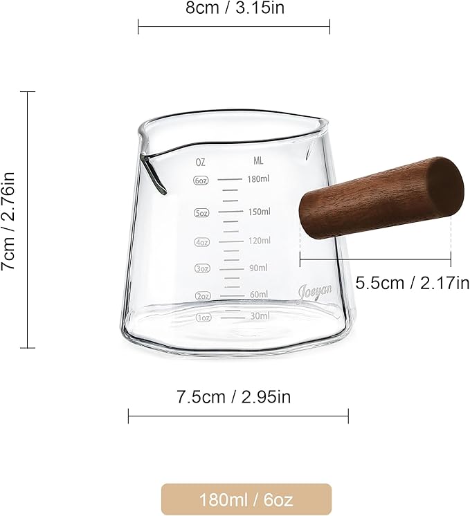 Joeyan 6 oz Glass Measuring Cup with Double Spouts,Borosilicate Espresso Shot Glasses with Wooden Handle,Claer Measuring Triple Milk Frothing Pitcher for Coffee Tea