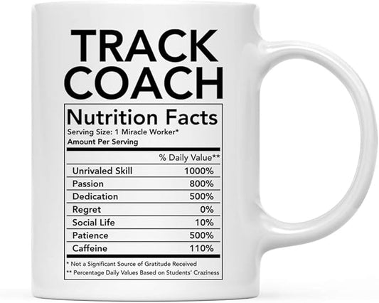 Andaz Press Funny 11oz. Ceramic Coffee Tea Mug Thank You Gift, Track Coach Nutritional Facts, 1-Pack, Novelty Gag Birthday Christmas Ideas Coworker Track Coach Gift
