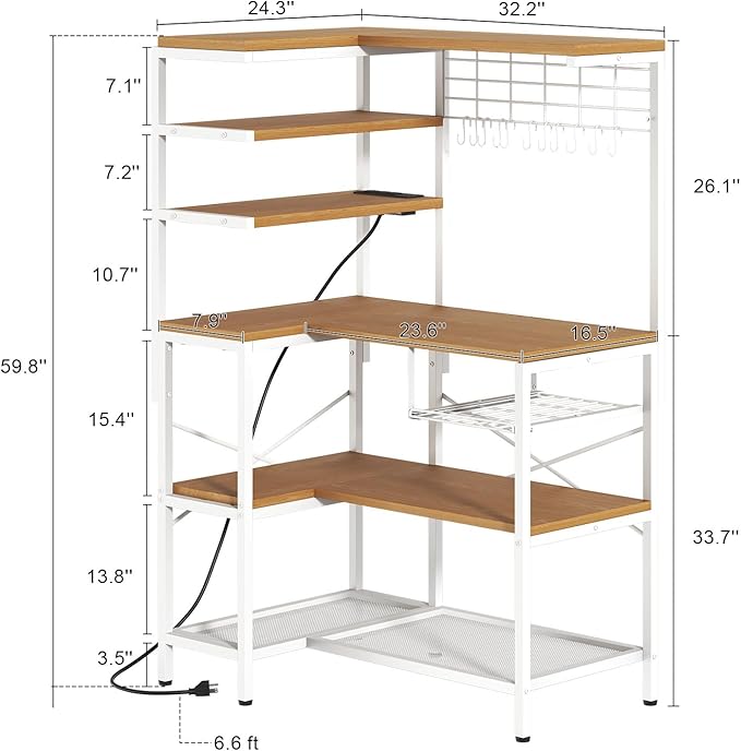 iabifo L-Shaped White Bakers Rack with Power Outlet, Kitchen Storage Rack with Hooks, Wire Shelf with Open Storage, Mesh Grid, Wire Basket