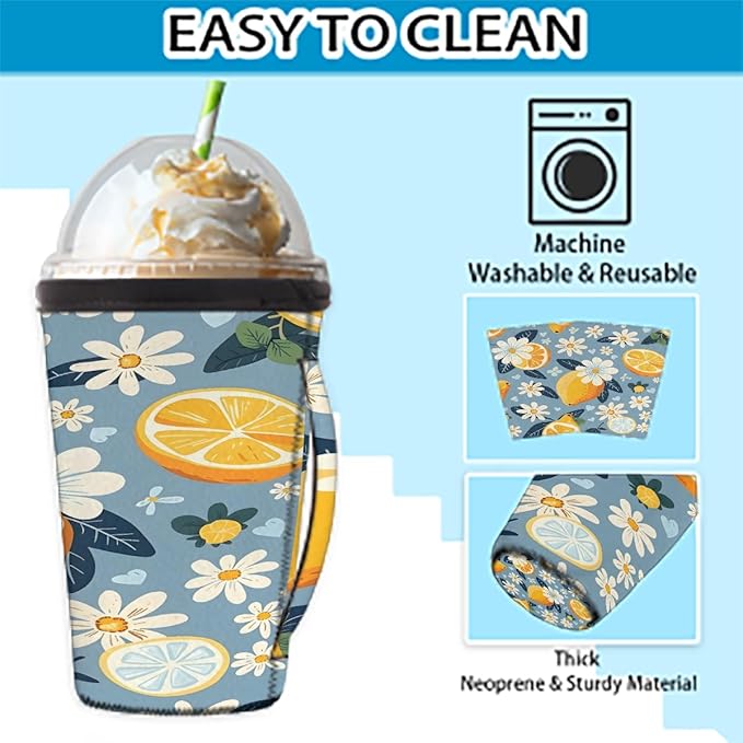 Reusable Iced Coffee Cup Sleeve Daisy Lemon Neoprene Insulated Sleeves Cup Holder with handle Idea for 16oz - 18oz