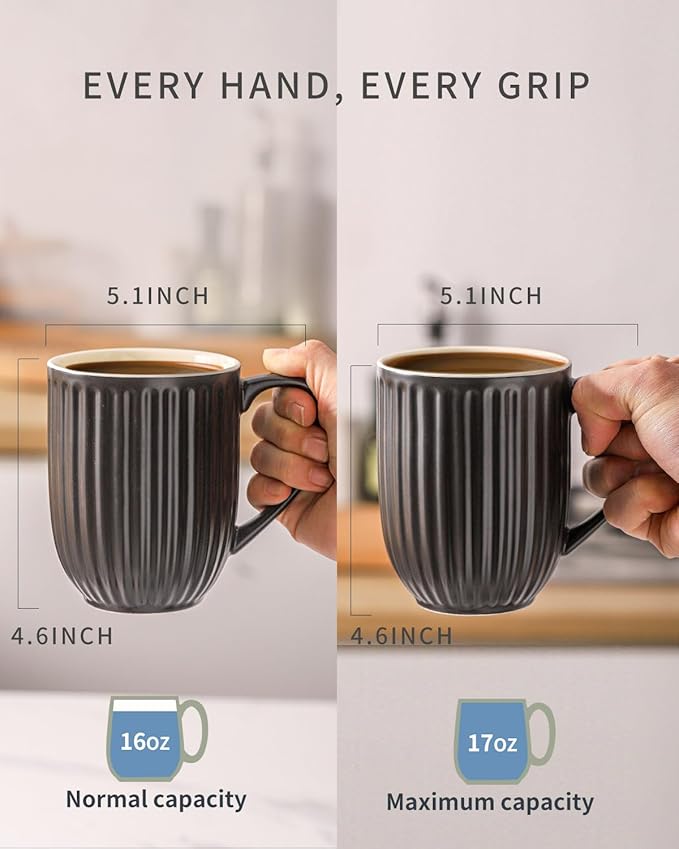 HASENSE Coffee Mugs Set of 4, 16 Oz Large Ceramic Ribbed Latte Cups with Big Handle for Coffee, Tea and Cocoa, Modern Design & Light Weight, Microwave & Dishwasher Safe, Black
