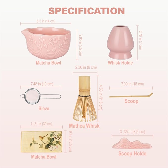 SIMPLETaste Matcha Whisk Set, 7 Pcs Ceramic Matcha Kit Includes Bowl, Whisk and Holder, Bamboo Scoop, Scoop Rest, Sifter and Tea Towel - Matcha Kit for Macha Lovers (Pink)