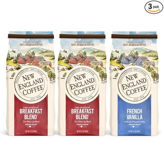 New England Coffee Variety Pack - Breakfast Blend & French Vanilla, 11oz Bag (Pack of 3)