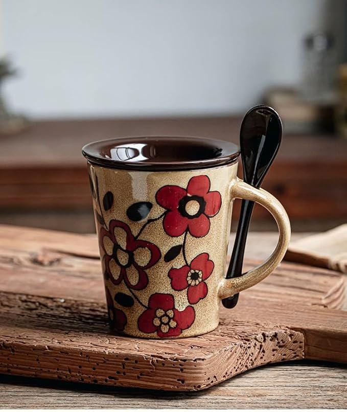 Coffee Mugs 12 oz with Spoon and Lid, Novelty Ceramic Coffee Cups for Latte, Hot Tea, Cappuccino, Mocha, Cocoa, Farmhouse Housewarming Wedding Present Christmas Mug Set - Set of 1 Flower Khaki 11.6oz