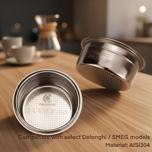 Stainless Steel Coffee Filter, 51mm Double Cup (Single Wall/Non-pressurized) Compatible with DLG EC885/9155/9255/9355/9555/9665/9865, SMEG & EUPA Coffee Machine