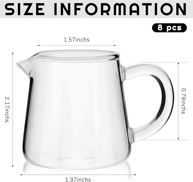 8 Pcs Glass Creamer Pitcher 2.3 oz Mini Transparent Milk Pourer Small Glass Pitcher with Handle Carafe Coffee Mug Pot Tea Fair Cups for Table Serving Milk Coffee Tea Syrup