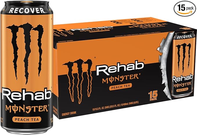 Monster Rehab Peach Tea + Energy, Energy Drink, 15.5 Ounce | Energy Iced Tea, Pack of 15