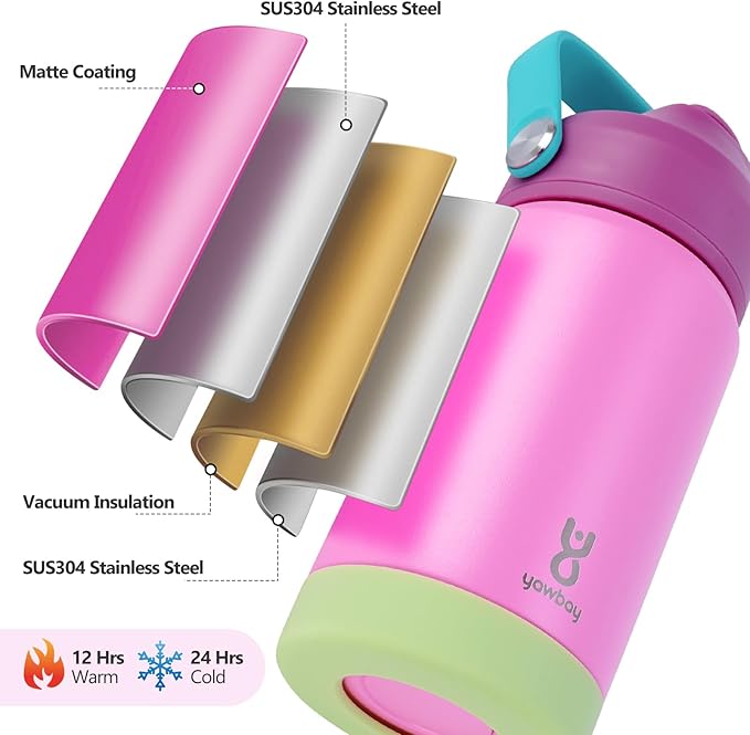 Kids Insulated Water Bottle with Straw Lid & Silicone Handle,12oz Kids Leak Proof Water Bottle for School Boys Girls,Double Wall Vacuum Stainless Steel with Non-slip Silicone Base(Pink)