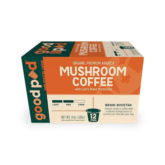 goodPOD Brain Booster Single Serve Coffee K Cup Pods, Organic Arabica Coffee with Lions Mane Mushrooms, Medium Roast, 12 Count