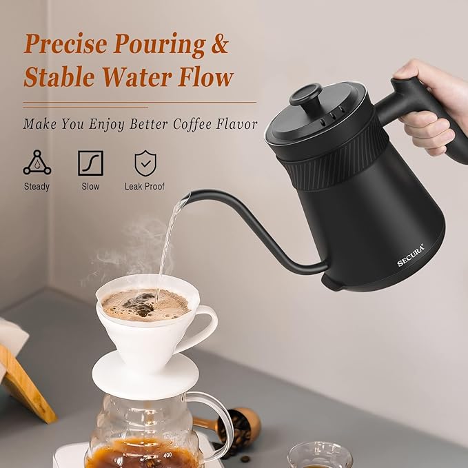 Secura Electric Gooseneck Kettle, 5 Variable Presets for Coffee Tea Brewing, 100% Stainless Steel Inner Tea/Coffee Kettle with 1.5H Keep Warm, 1200 Watt Quick Heating Pot, 0.8L, Matt Black