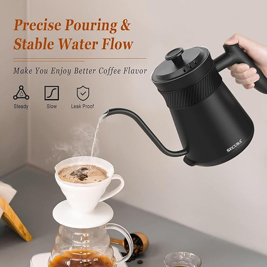Secura Electric Gooseneck Kettle, 5 Variable Presets for Coffee Tea Brewing, 100% Stainless Steel Inner Tea/Coffee Kettle with 1.5H Keep Warm, 1200 Watt Quick Heating Pot, 0.8L, Matt Black